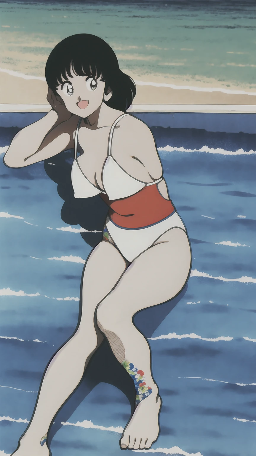 (((character:asakura minami:1.3))),((masterpiece)),((highest quality)),Super detailed,(thin entire outline),enlightenment,explicit,1girl,solo,black hair,medium hair,black eyes,small nose,perfect body,beautiful body,beautiful character design,perfect eyes,perfect face,((happy smile)),small open mouth,(enjoy,having fun:1.2),entp,perspiration,wallpaper,ultra high resolution,8k,photo shoot,(beautiful large breast:1.2),beautiful legs,perfect feet,beautiful skin,fair skin,smooth skin,official style,official art,make a screen cap,outdoor,(summer beach),sunshine,bright lighting,(white micro bikinis),split legs,peace sign,
