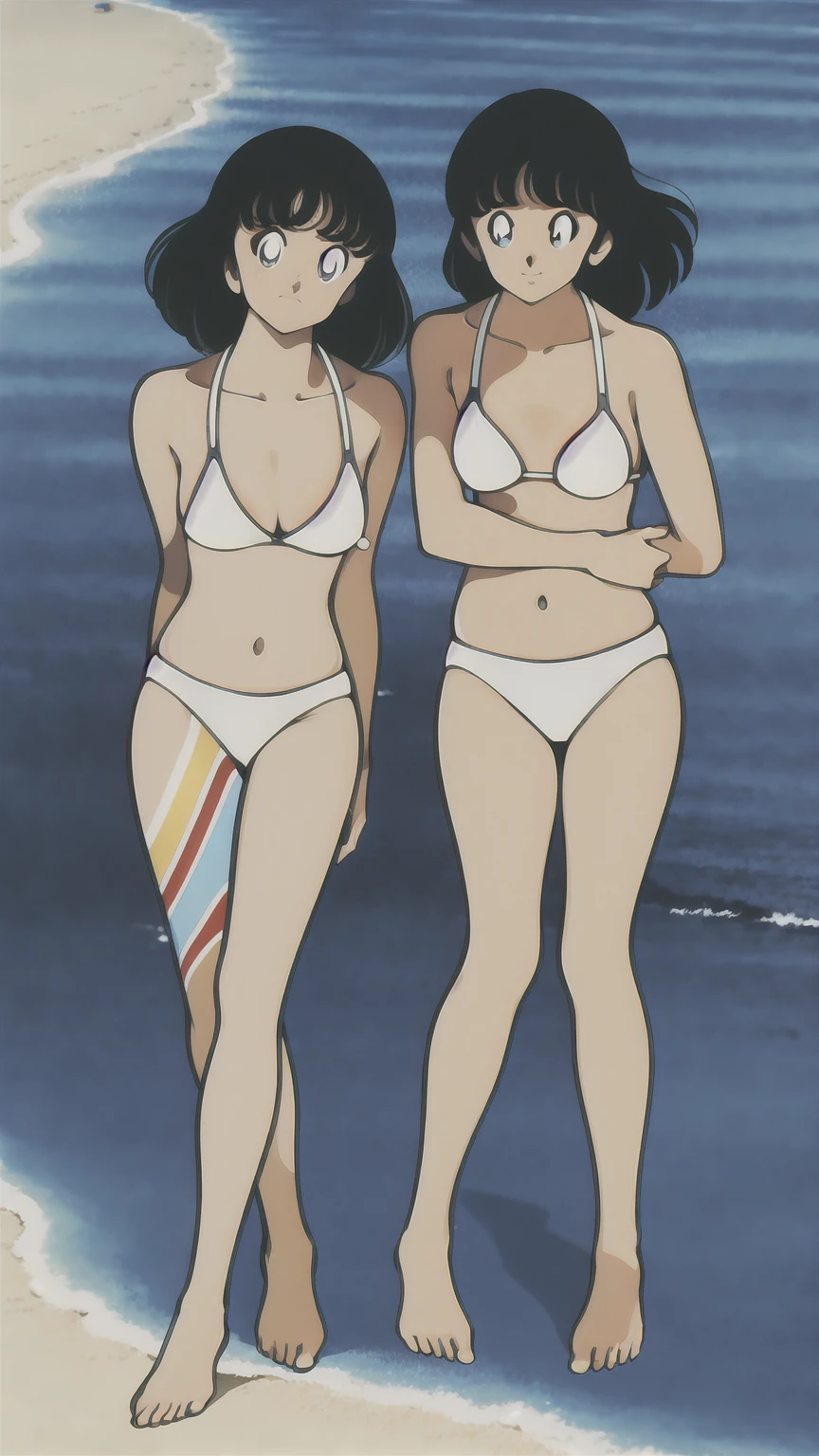 (((character:asakura minami:1.3))),((masterpiece)),((highest quality)),Super detailed,(thin entire outline),enlightenment,explicit,1girl,solo,black hair,medium hair,black eyes,small nose,perfect body,beautiful body,beautiful character design,perfect eyes,perfect face,((happy smile)),small open mouth,(enjoy,having fun:1.2),entp,perspiration,wallpaper,ultra high resolution,8k,photo shoot,(beautiful large breast:1.2),beautiful legs,perfect feet,beautiful skin,fair skin,smooth skin,official style,official art,make a screen cap,outdoor,(summer beach),sunshine,bright lighting,(white micro bikinis),split legs,peace sign,