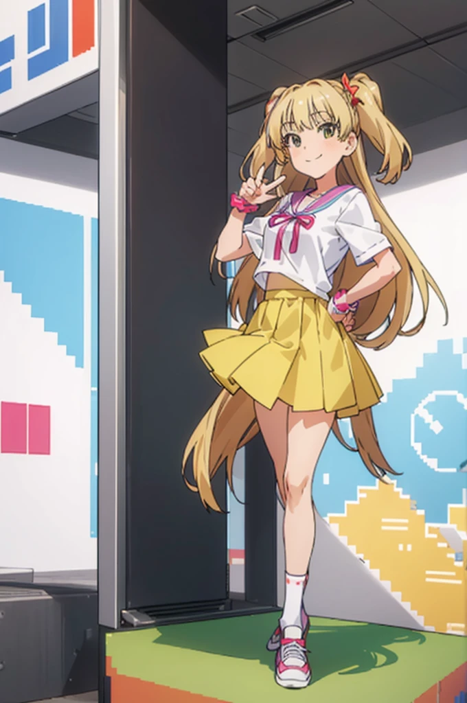 (((pixel-perfect, detail-perfect))), solo, 1girl, rika jougasaki, , ribbon, smile, looking at viewer,miniskirt,socks,shoes,peace pose,