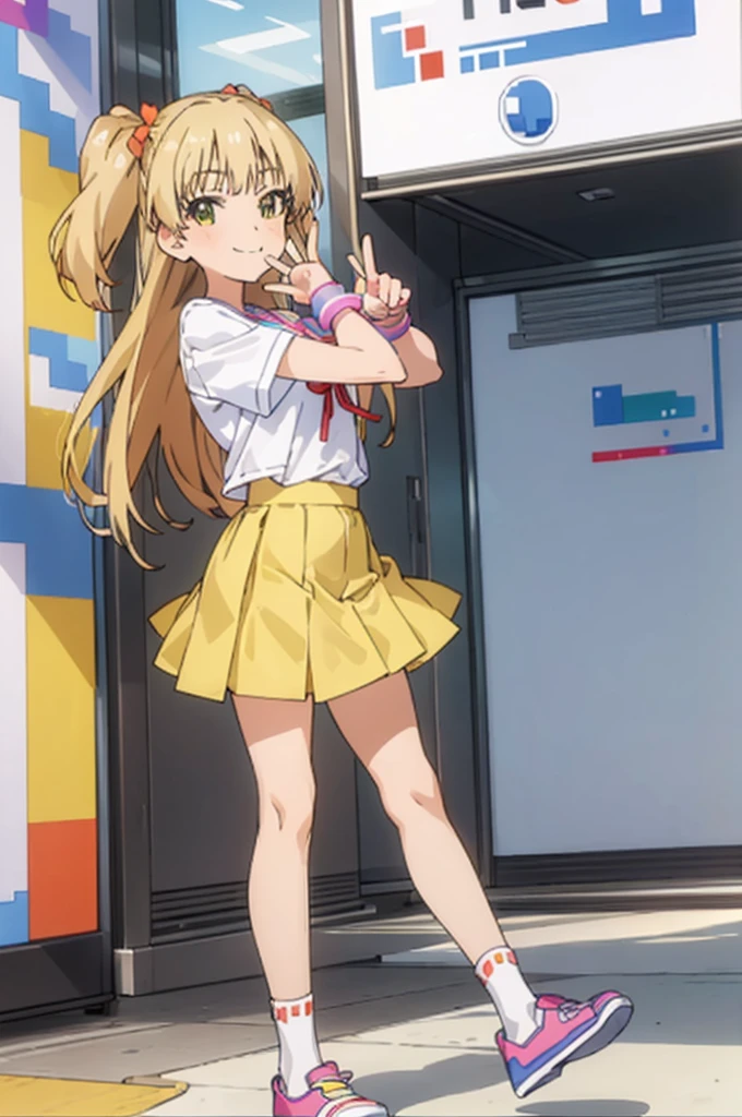 (((pixel-perfect, detail-perfect))), solo, 1girl, rika jougasaki, , ribbon, smile, looking at viewer,miniskirt,socks,shoes,peace pose,
