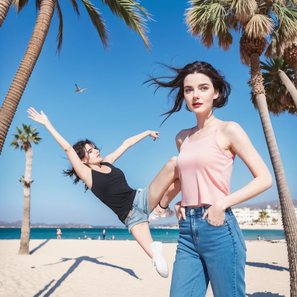 (Realistic,8k)An Australian woman wearing pink tank top and flare blue jeans with sneakers,black hair , blue eyes,tendrils in the front , mole above the lip and below the lip and the background is of beach sea gulls flying and the woman is standing near a palm tree smiling
