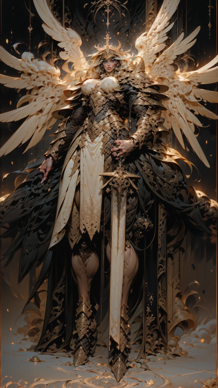(cara delevingne), ((((((1 muscular angel girl)))))), (((huge upper body))), long hair, ((((huge angelic wings))), (((intricate ornate angelic full body armor))), ((((full body front view)))), (((perfect hands, perfect fingers))), (((tarot style background)))