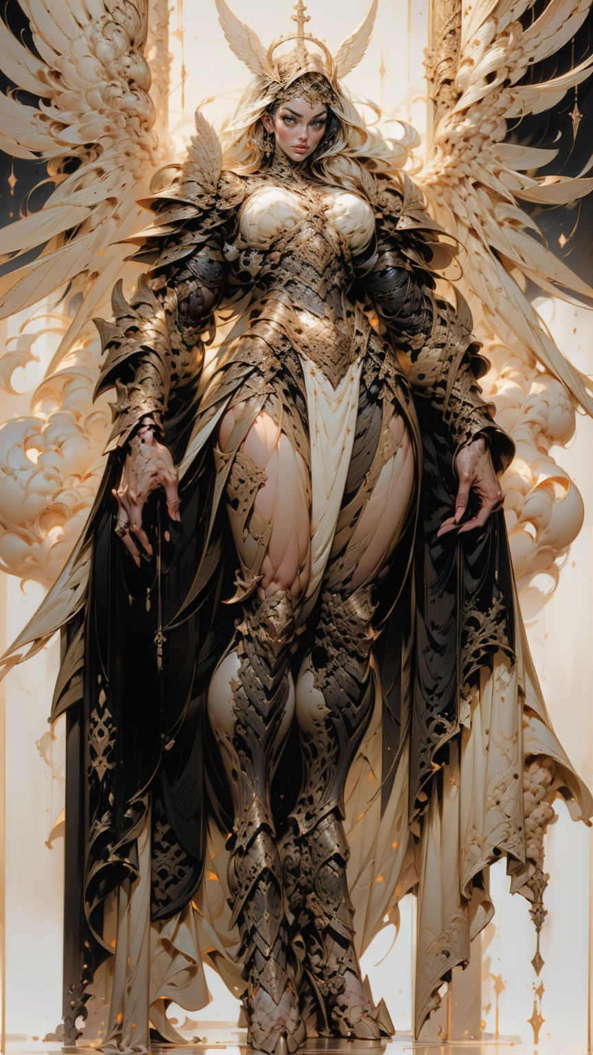 (cara delevingne), ((((((1 muscular angel girl)))))), (((huge upper body))), long hair, ((((huge angelic wings))), (((intricate ornate angelic full body armor))), ((((full body front view)))), (((perfect hands, perfect fingers))), (((tarot style background)))
