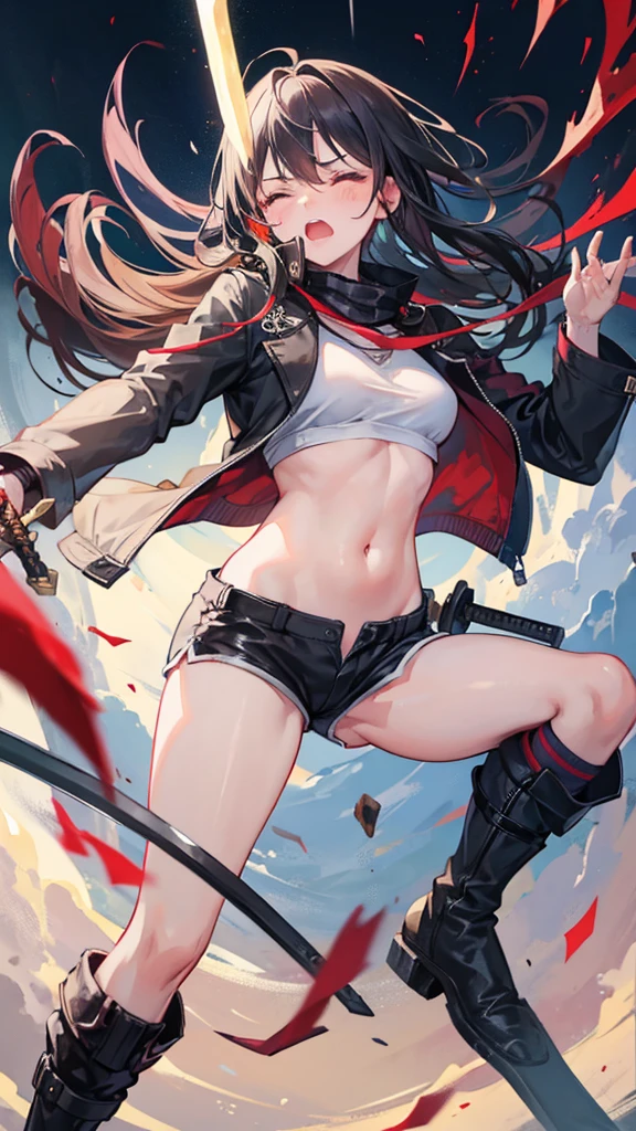 Girl, Navel exposed, Wearing calf-length socks and boots, Holding a sword, Being attacked by enemies, He closes his eyes in pain and cries, Wearing a jacket