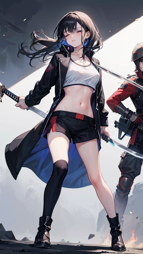 Girl, Navel exposed, Wearing calf-length socks and boots, Holding a sword, Being attacked by enemies, He closes his eyes in pain and cries, Wearing a jacket