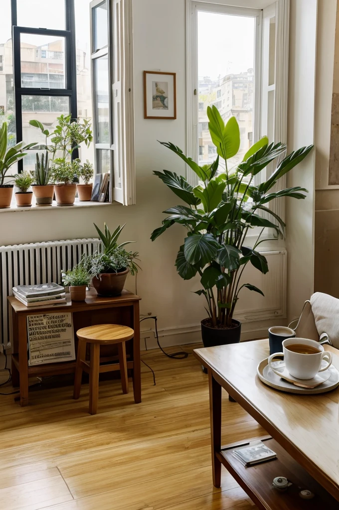 U are sitting in a living room it's 9 am in the morning there are 3 freshly watered plants two of which are on the floor one is near the window. There's are hot cup of tea and a newspaper kept on a small side table. Draw from your point of view