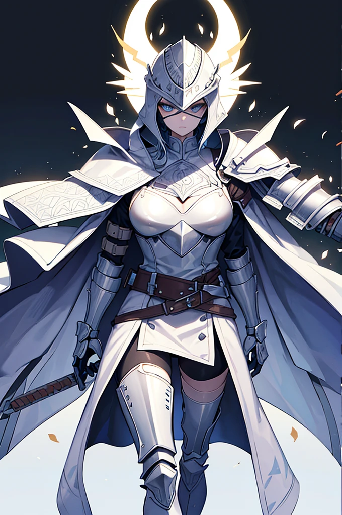 Helmet and Face**: He wears a full-face helmet which completely conceals his face. The helmet has a sharp, angular design with intricate geometric patterns. The eyes seem to feel a white glow.
- **Shoulder Pads and Arms**: The shoulder pads are imposing and decorated with angular patterns similar to the helmet. The bras are also protected by armor with matching designs, however leaving the bra muscles visible.
- **Torso**: The torso is covered by thick armor with interlocking metal plates, providing sturdy protection while allowing some flexibility.
- **Belt and Legs**: A functional belt around his waist, probably for carrying tools or weapons. The legs are protected by armor, with sharp, stylized designs running down to the sturdy boots.
- **Boots**: The boots are thick and designed for heavy use, with angular patterns that echo the rest of the armor.