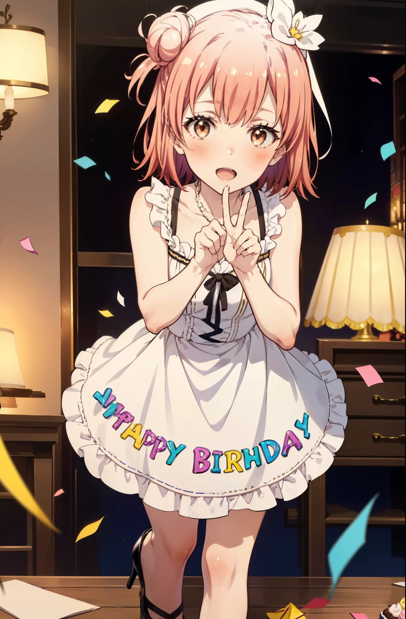 yuiyuigahama, yui yuigahama, One Girl,short hair, (Brown eyes:1.5), (Pink Hair:1.2), Hair Bun, single Hair Bun, smile,blush,Open your mouth wide,Pink sleeveless dress,Long skirt,Stiletto heels,A birthday cake with lit candles,
,There is a round birthday cake on the desk.,Confetti,cracker,whole bodyがイラストに入るように,peace sign,
break indoors, Party Venue,
break looking at viewer, whole body,
break (masterpiece:1.2), Highest quality, High resolution, unity 8k wallpaper, (figure:0.8), (Beautiful attention to detail:1.6), Highly detailed face, Perfect lighting, Highly detailed CG, (Perfect hands, Perfect Anatomy),