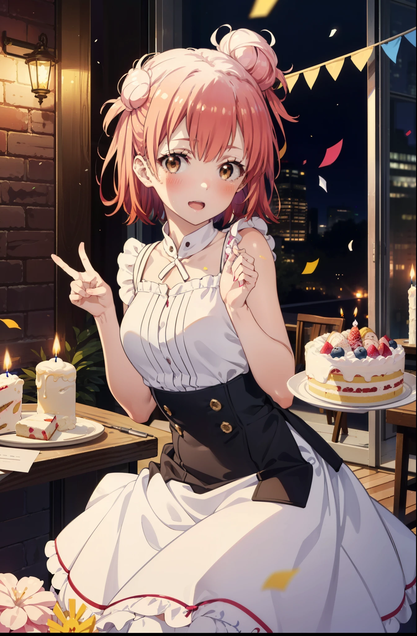 yuiyuigahama, yui yuigahama, One Girl,short hair, (Brown eyes:1.5), (Pink Hair:1.2), Hair Bun, single Hair Bun, smile,blush,Open your mouth wide,Pink sleeveless dress,Long skirt,Stiletto heels,A birthday cake with lit candles,
,There is a round birthday cake on the desk.,Confetti,cracker,whole bodyがイラストに入るように,peace sign,
break indoors, Party Venue,
break looking at viewer, whole body,
break (masterpiece:1.2), Highest quality, High resolution, unity 8k wallpaper, (figure:0.8), (Beautiful attention to detail:1.6), Highly detailed face, Perfect lighting, Highly detailed CG, (Perfect hands, Perfect Anatomy),