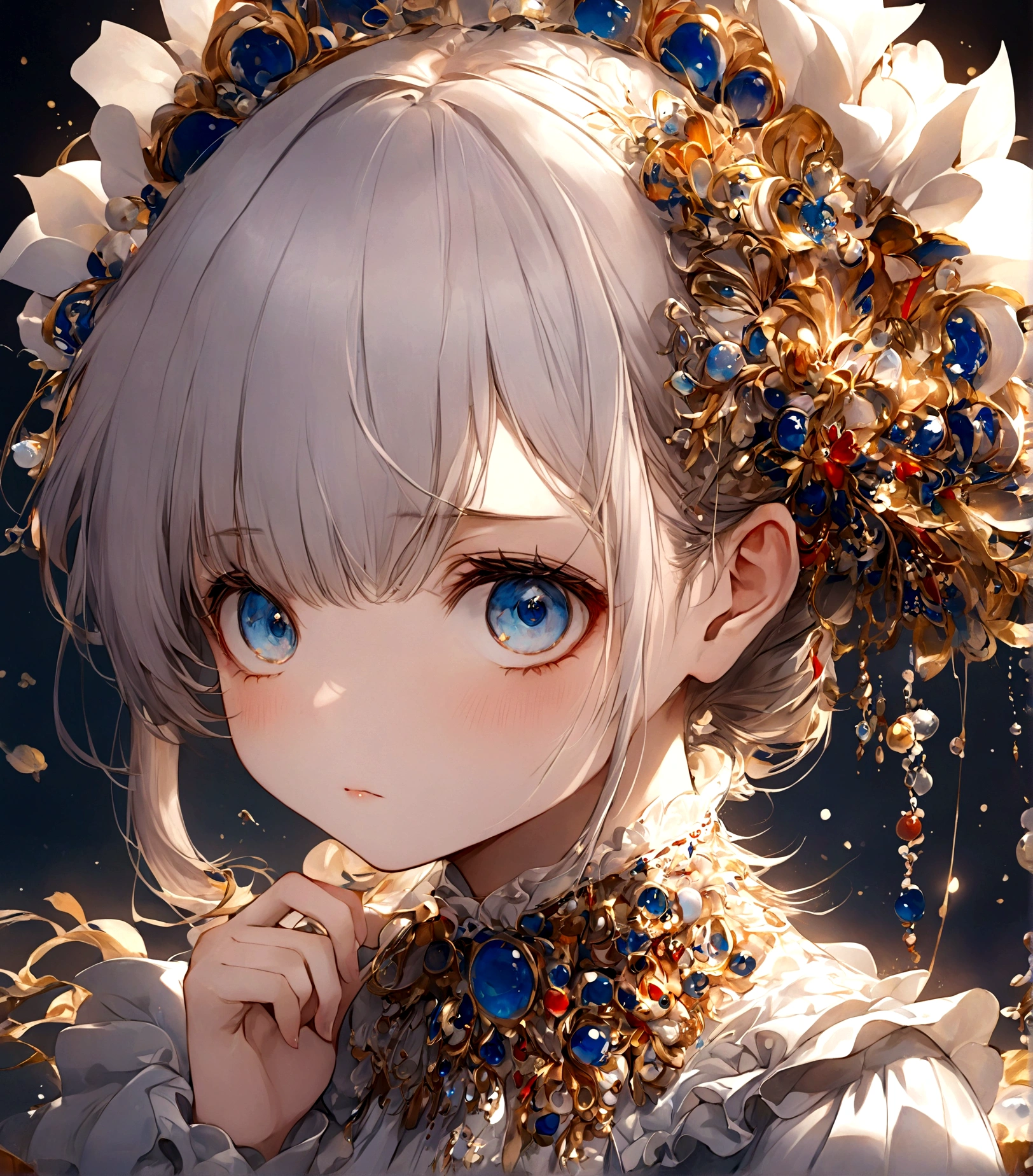 Close-up of the portrait,A girl with a cute cockatiel on her shoulder,A big red bow on the head,Flying black curly long hair,Flying red dress,Blue sky and white clouds background,The mood is beautiful