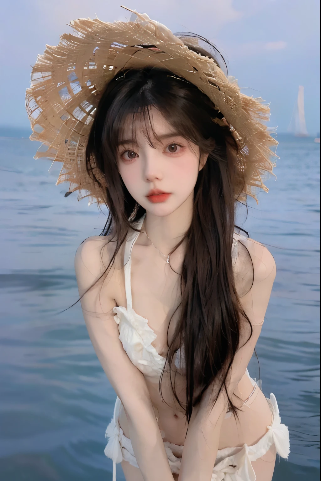 Beautiful woman with perfect body：1.4，Prominent cleavage，Layered Hairstyle，Highly detailed face and skin textures，Double eyelids，Skin Whitening，Long hair，Whitened long legs，（Bunny Girl，Collar），Standing by the sea