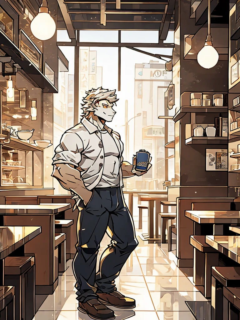 Masterpiece, Solo, Male, white Dragon, golden Eyes, white Medium Hair, Medium Muscular Body, Handsome, Good Looking, Casual Shirt, Casual Pants, Cool Pose. Cafe Background