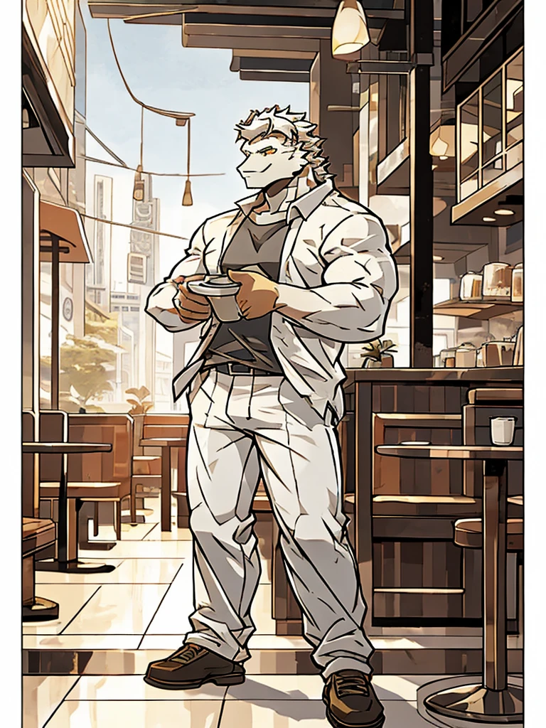 Masterpiece, Solo, Male, white Dragon, golden Eyes, white Medium Hair, Medium Muscular Body, Handsome, Good Looking, Casual Shirt, Casual Pants, Cool Pose. Cafe Background