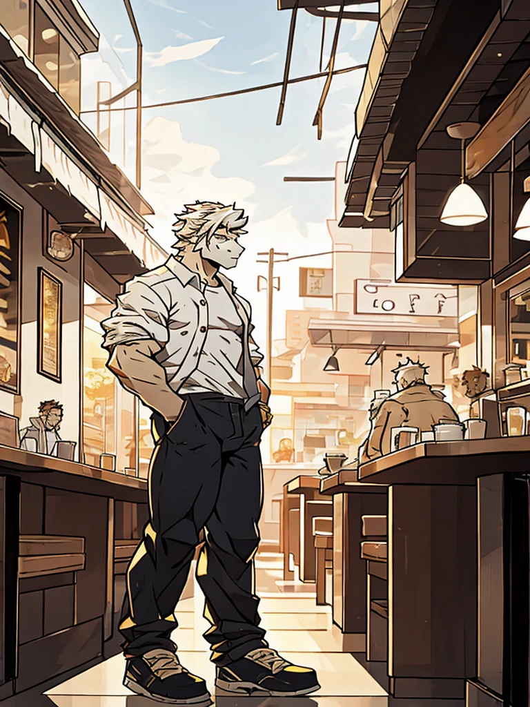 Masterpiece, Solo, Male, white Dragon, golden Eyes, white Medium Hair, Medium Muscular Body, Handsome, Good Looking, Casual Shirt, Casual Pants, Cool Pose. Cafe Background