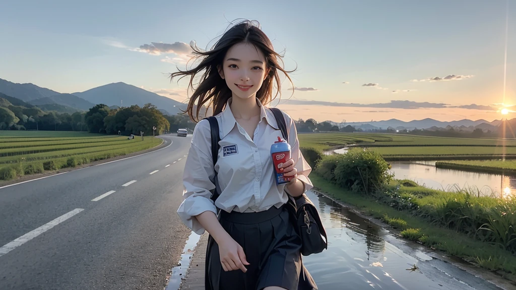 8K、RAW Photos、Highest quality、Super detailed、Super Resolution、Ultra HD、8K壁紙、Amazing details summer、evening、sunset、A rural road lined with rice fields、Paved roads、Woman walking on a country road、16 year old school girl in uniform、Drink water、School bag、Blue sky、Shining Sun、Water bottle、smile