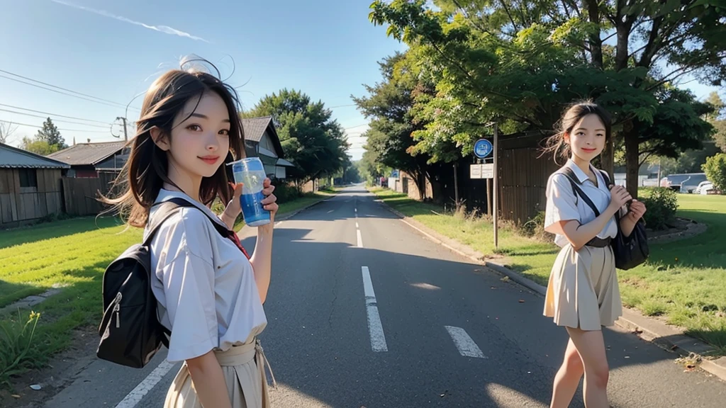 8K、RAW Photos、Highest quality、Super detailed、Super Resolution、Ultra HD、8K壁紙、Amazing details summer、evening、sunset、A rural road lined with rice fields、Paved roads、Woman walking on a country road、16 year old school girl in uniform、Drink water、School bag、Blue sky、Shining Sun、Water bottle、smile
