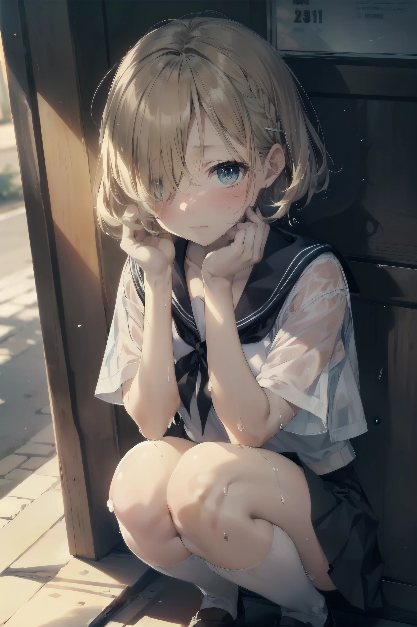 Heavy rain，stormy atmosphere，outdoors，highest quality, anime moe art style,Best Anime 8K Kona-chan Wallpaper，Pixiv contest winners，perfect anatomy, (Please draw a girl walking sleepily to school)，break, 1 girl, (13 years old:1.4)，high school student, (short hair), amount, (hair above one eye:1.9)，All limbs, full finger，medium breasts, between legs, small eyes，Precise blue eyes，hair clip, (sailor suit:1.5)，(school uniform:1.5) ，(wet clothes:1.5)，skirt，On the way to school，break，Super detailed,High resolution，super dense skin，professional lighting，8K eye details，(cute illustration:1.2)，blonde hair，(wet hair:1.4)，(bra visible through clothes:1.3)，No expression，(hair above one eye:1.2)，(Bawl)，(Embarrassed)，(steepled fingers)，(squatting)，(looking away), (half open mouth)，(white pants)