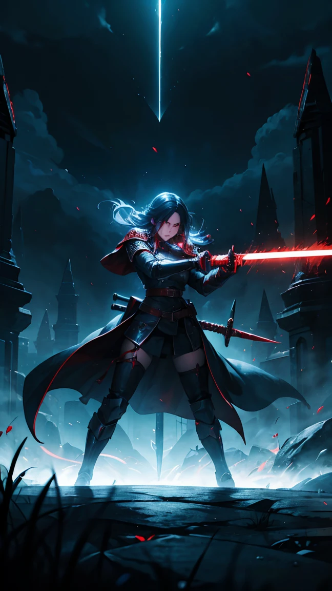 women while holding blood swords, red blood swords, blue, red aura, rapper sword, nazi logo swords.HD lighting and dark )<=(epic image quality)dark atmosphere with bright particle light(many effects in background)
