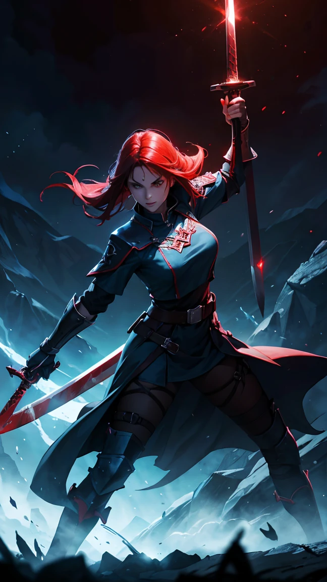 women while holding blood swords, red blood swords, blue, red aura, rapper sword, nazi logo swords.HD lighting and dark )<=(epic image quality)dark atmosphere with bright particle light(many effects in background)