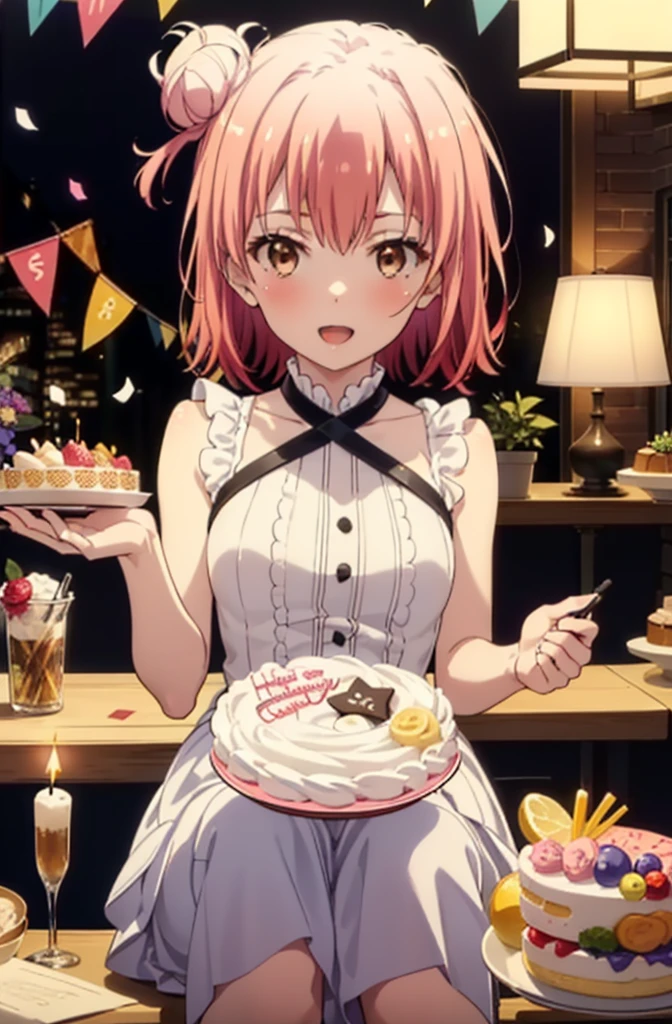yuiyuigahama, yui yuigahama, One Girl,short hair, (Brown eyes:1.5), (Pink Hair:1.2), Hair Bun, single Hair Bun, smile,blush,Open your mouth wide,Pink sleeveless dress,Long skirt,Stiletto heels,A birthday cake with lit candles,
,There is a round birthday cake on the desk.,Confetti,cracker,whole bodyがイラストに入るように,
break indoors, Party Venue,
break looking at viewer, whole body,
break (masterpiece:1.2), Highest quality, High resolution, unity 8k wallpaper, (figure:0.8), (Beautiful attention to detail:1.6), Highly detailed face, Perfect lighting, Highly detailed CG, (Perfect hands, Perfect Anatomy),