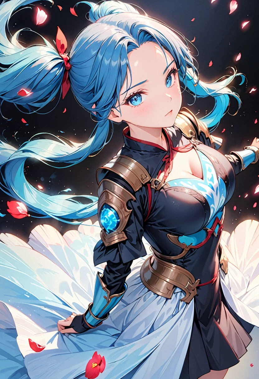 ((Top Quality)), ((Masterpiece)), (Detail), high resolution, Perfect Face, Fine Eyes, detailed eyes, perfect anatomy, Depth of Field, Special Shading, (photorealistic), (from above), looking at viewer, (1 beautiful girl), sharp eyes, Dynamic posture, large breasts, (pastel blue hair, long hair, twintails hair, forehead), ((Dark looking outfits, armor Dresses)) BREAK (aura effect1.2), petals dance, Intense battle scenes, Light particles, (simple black background)