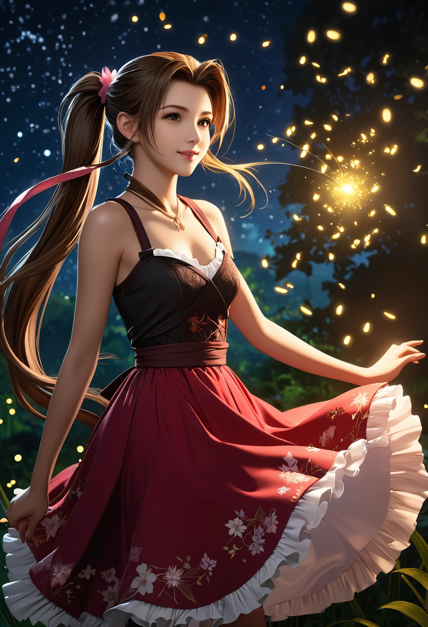 (((masterpiece))),((Highest quality)),Beautiful girl, Aerith, Sexy witch, bangs、(Long Hair, side pony tails:1.5)、(((big firm bouncing bust)))、23 years old、(Gorgeous frilled dress with intricate patterns:1.5)、Japanese girl、 Beautiful digital artwork, Beautiful fantasy art, dynamic sely poses, A kind smile, Mysterious Background, Aura, A gentle gaze, BREAK, Small faint lights and flying fireflies, night, lanthanum,