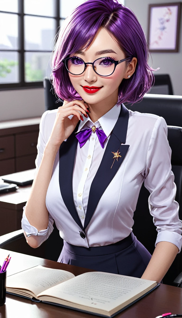 masterpiece,best quality,masterpiece,highres,absurdres,extremely detailed wallpaper,game cg,(extremely detailed CG:1.2),comic,artbook, ro_mt,glasses,purple hair,office lady,business_suit,blazer,white shirt,skirt_suit,pencil skirt,collared_shirt,dress_shirt,rimless_eyewear, 1girl,(long face:1.2),(slender face:1.2),solo,looking_at_viewer,black eyes,jewelry,red_shiny_lips,eyelashes,(smile:0.8),looking_at_screen,mature female,purple eyes,blush,collarbone,black nails,indoors,upper body,nail polish,sitting_on_table,