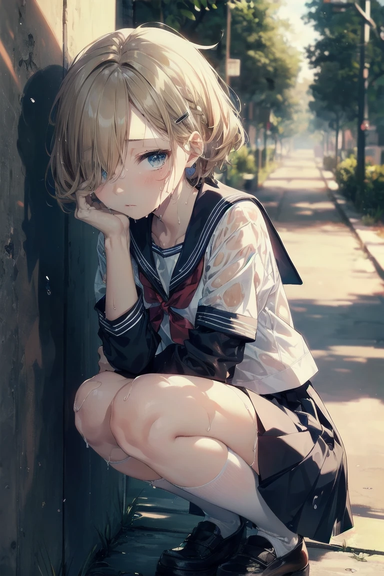 Heavy rain,(stormy atmosphere),outdoors,highest quality, anime moe art style,Best Anime 8K Kona-chan Wallpaper,Pixiv contest winners,perfect anatomy, (Please draw a girl walking sleepily to school),break, 1 girl, (13 years old:1.4),high school student, (short hair), amount, (hair above one eye:1.9),All limbs, full finger,medium breasts, between legs, small eyes,Precise blue eyes,hair clip, (sailor suit:1.5),(school uniform:1.5) ,(wet clothes:1.5),(skirt),On the way to school,break,Super detailed,High resolution,super dense skin,professional lighting,8K eye details,(cute illustration:1.2),blonde hair,(wet hair:1.4),(bra visible through clothes:1.3),No expression,(hair above one eye:1.2),(Bawl),(Embarrassed),(steepled fingers),(squatting),(looking away), (half open mouth),(white pants)