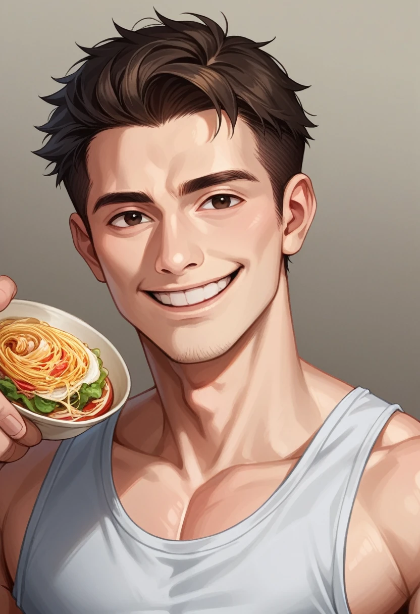 Realistic photo of (1cute Korean actress), tank top, in ramen shop, smiling, Canon EOS, clear facial features, close up portrait, cinematic mode, 8K