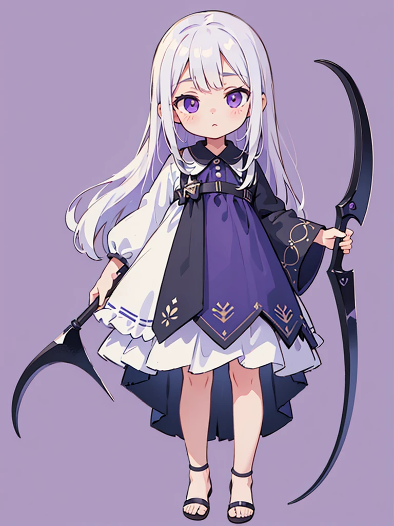 (masterpiece), (detailed), (detailed face), (detailed eyes) simple background, 1young girl, (child), (loli), purple eyes, eyes have light, standing, 1scythe toe, white hair, long hair, white dress, full body, (solo), ((realistic))