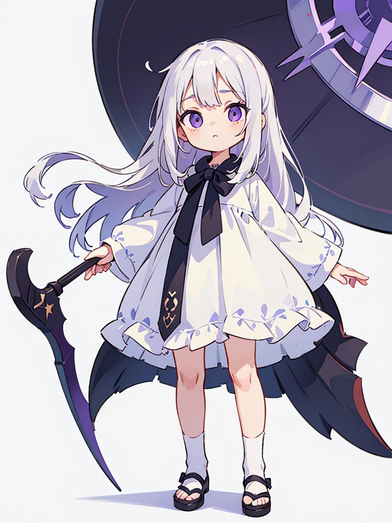 (masterpiece), (detailed), (detailed face), (detailed eyes) simple background, ***ung girl, (child), (****), purple eyes, eyes have light, standing, 1scythe toe, white hair, long hair, white dress, full body, (solo), ((realistic))