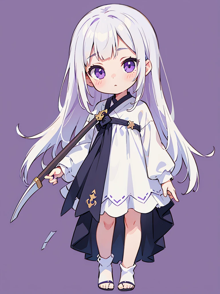 (masterpiece), (detailed), (detailed face), (detailed eyes) simple background, ***ung girl, (child), (****), purple eyes, eyes have light, standing, 1scythe toe, white hair, long hair, white dress, full body, (solo), ((realistic))