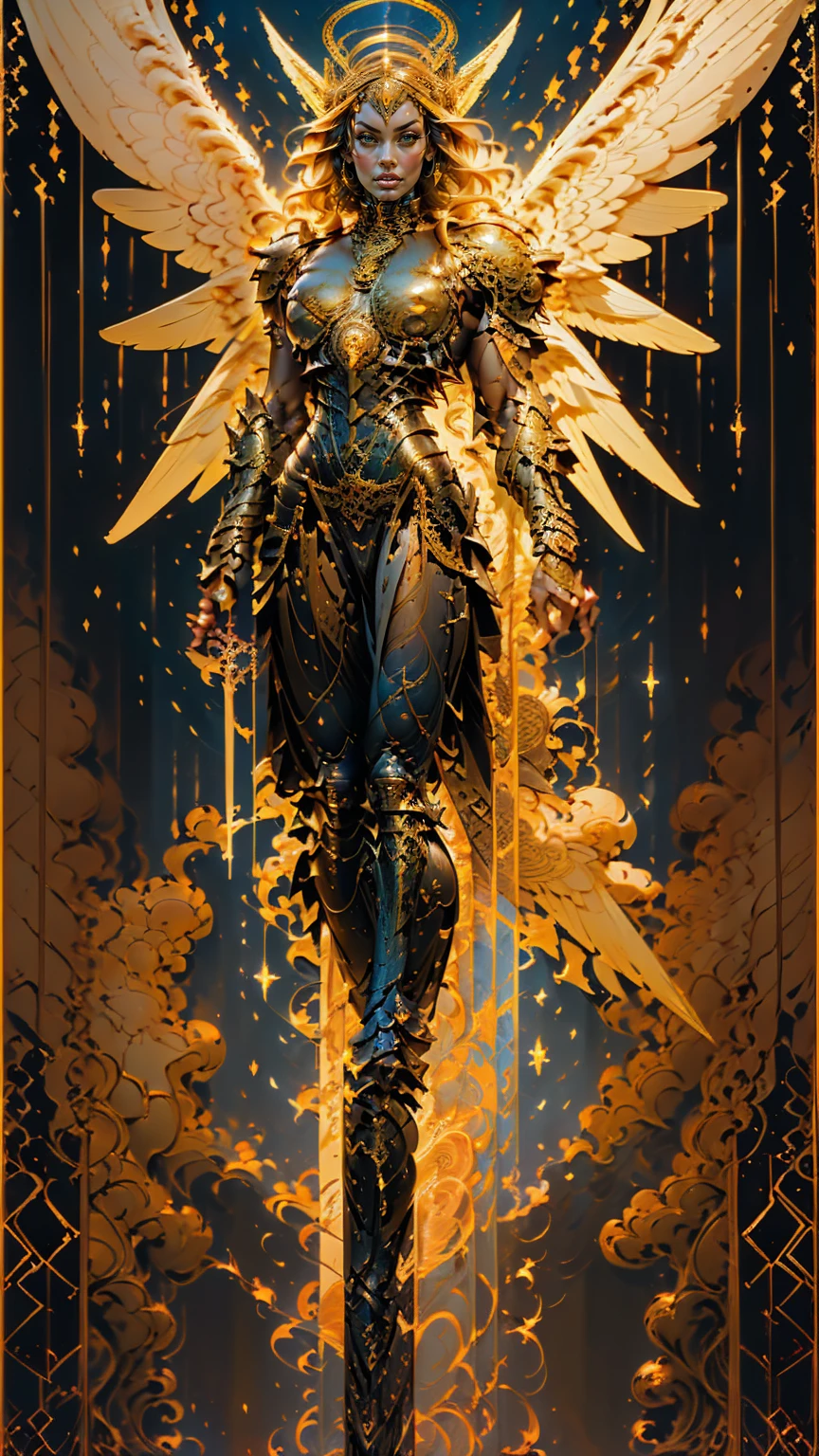 (cara delevingne), ((((((1 muscular angel girl)))))), (((huge upper body))), long hair, ((((huge angelic wings))), (((intricate ornate angelic full body armor))), ((((full body front view)))), (((perfect hands, perfect fingers))), (((tarot style background)))