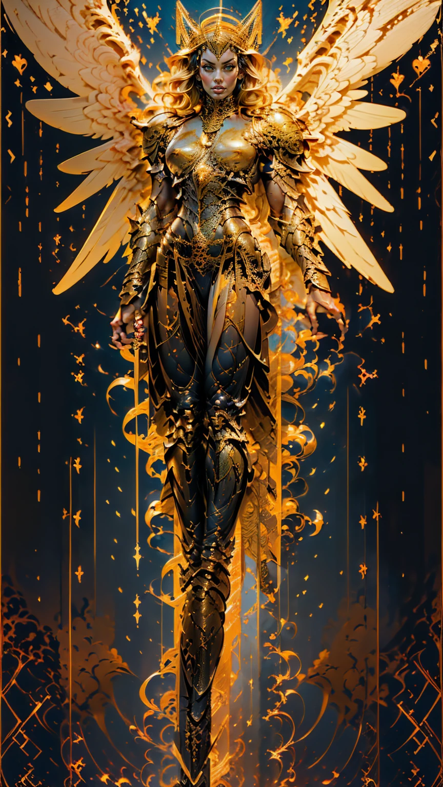 (cara delevingne), ((((((1 muscular angel girl)))))), (((huge upper body))), long hair, ((((huge angelic wings))), (((intricate ornate angelic full body armor))), ((((full body front view)))), (((perfect hands, perfect fingers))), (((tarot style background)))