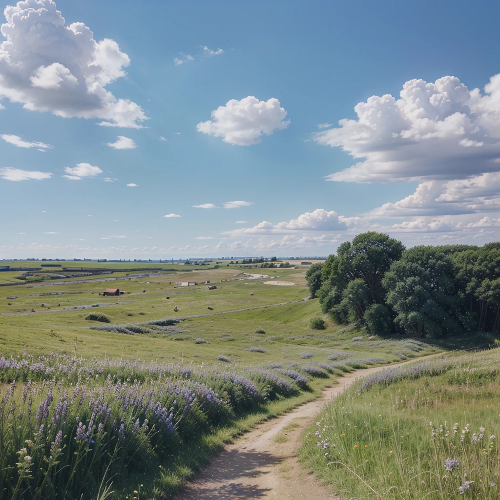 actual, true, Beautiful stunning landscape oil painting Studio Ghibli Hayao Miyazaki petals prairie blue sky grassland country road,building, --v6