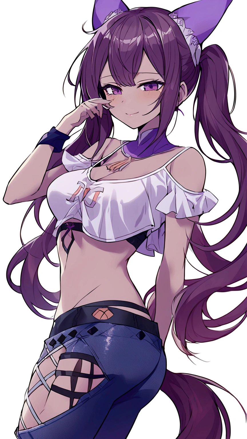 change his face, purple hair, with two thin pigtails that fall downwards