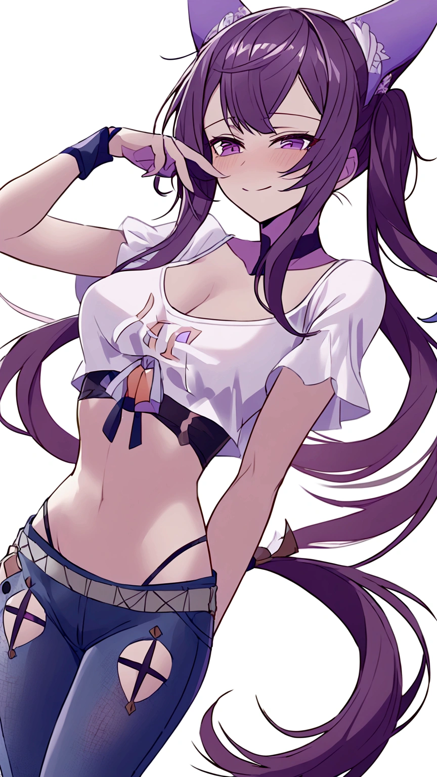 change his face, purple hair, with two thin pigtails that fall downwards