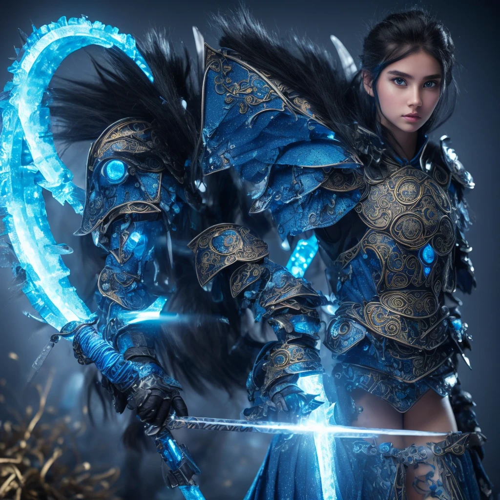 (Kizi)(ice-like blue skin)(Dark Blue Hair)(wearing technological armor made of ice)(wearing easy blue mascara with five holes made for a person who has five eyes)(six arms, three on each side, positioned in line)(ice blue energy ring made of several micro ice hearts interconnected to each other positioned behind the back)(small golden backpack positioned on the back)(blue aura of blue fire with ice features coating the body)(holding a single blue sword with a cosmic blade with a moon design)(one of the girl's six arms is completely mechanical)