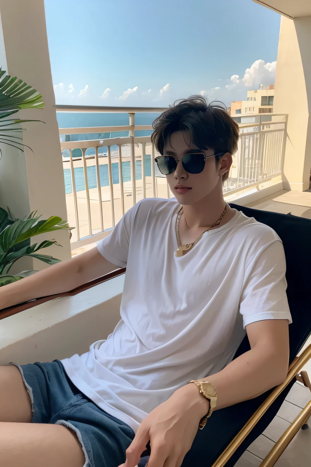Boys,young,Handsome,Multigold,sunglasses,The light source is soft,afternoon,Lounge Chair,balcony