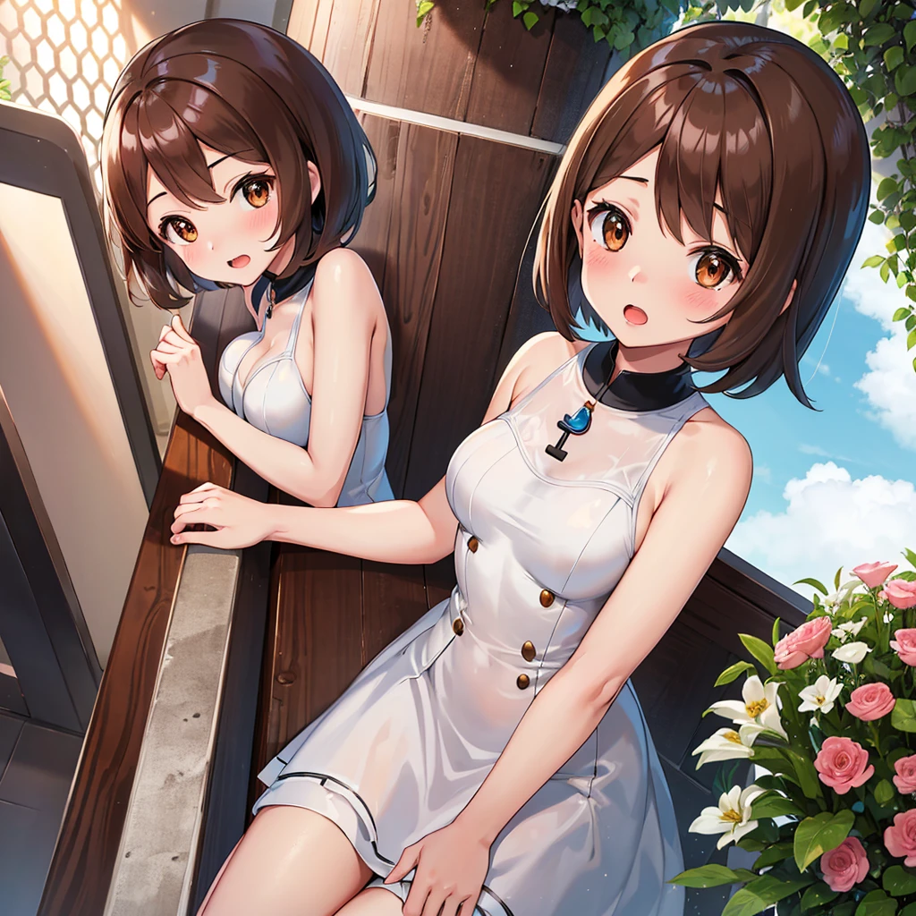 masterpiece, Highest quality, High resolution, Gloria1, 1 Girl, Gloria\(Pokémon\), Brown Hair, , Brown Eyes, , Short Hair, , Bobcut, bangs, , 　１Describe a girl carefully　１Girl　Expression in love　blush　Open Mouth　blush　church　Wedding dress（mini skirt）　breast enhancement