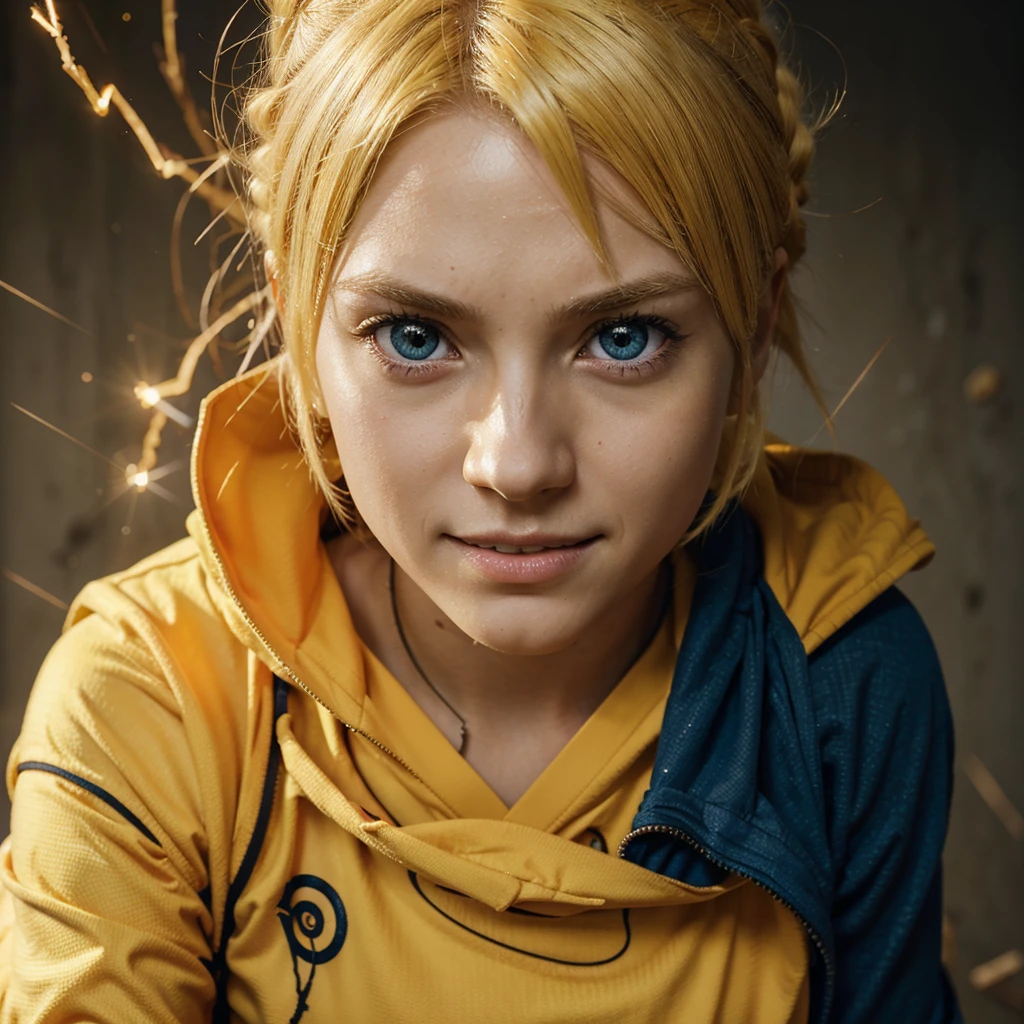 Smile, Blood_skelter, Bright Eyes, 1 Boy, Uzumaki Naruto, blond, Yellow clothes, struggle, struggle, combat damage, alone, The clothes are torn, look directly, Very detailed, Japanese cartoon, HD, masterpiece, , 8K, professional, symmetry, (delicate eyes, Eye iris:0.5), (looking at camera:0.8), blue eyes, Yellow hair, spark, Rays