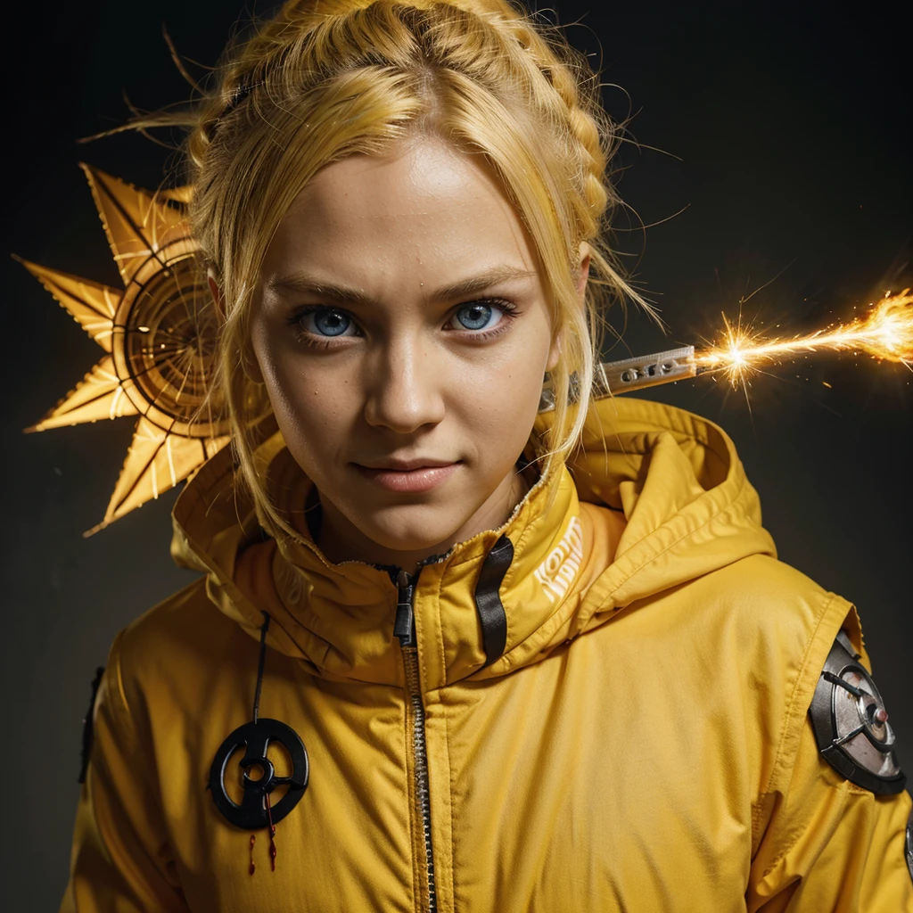 Smile, Blood_skelter, Bright Eyes, 1 Boy, Uzumaki Naruto, blond, Yellow clothes, struggle, struggle, combat damage, alone, The clothes are torn, look directly, Very detailed, Japanese cartoon, HD, masterpiece, , 8K, professional, symmetry, (delicate eyes, Eye iris:0.5), (looking at camera:0.8), blue eyes, Yellow hair, spark, Rays
