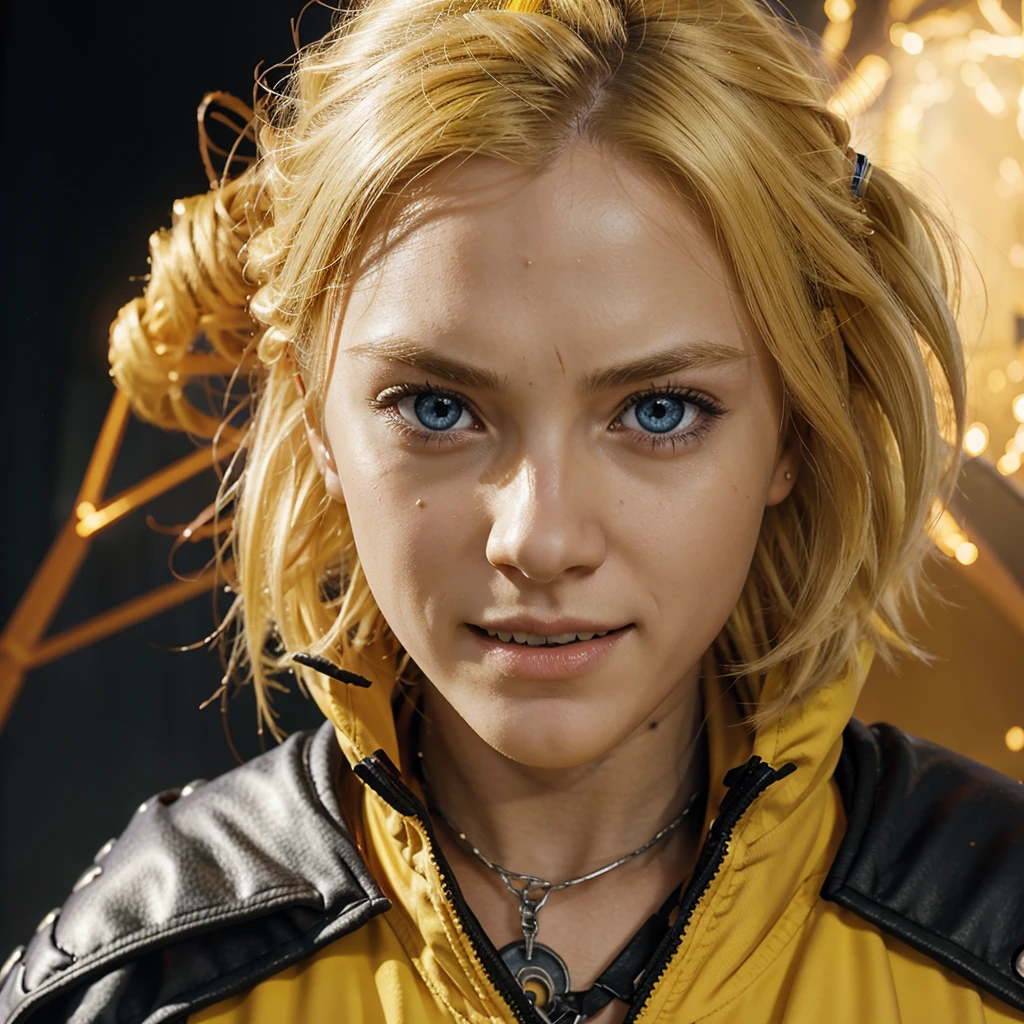 Smile, Blood_skelter, Bright Eyes, 1 Boy, Uzumaki Naruto, blond, Yellow clothes, struggle, struggle, combat damage, alone, The clothes are torn, look directly, Very detailed, Japanese cartoon, HD, masterpiece, , 8K, professional, symmetry, (delicate eyes, Eye iris:0.5), (looking at camera:0.8), blue eyes, Yellow hair, spark, Rays