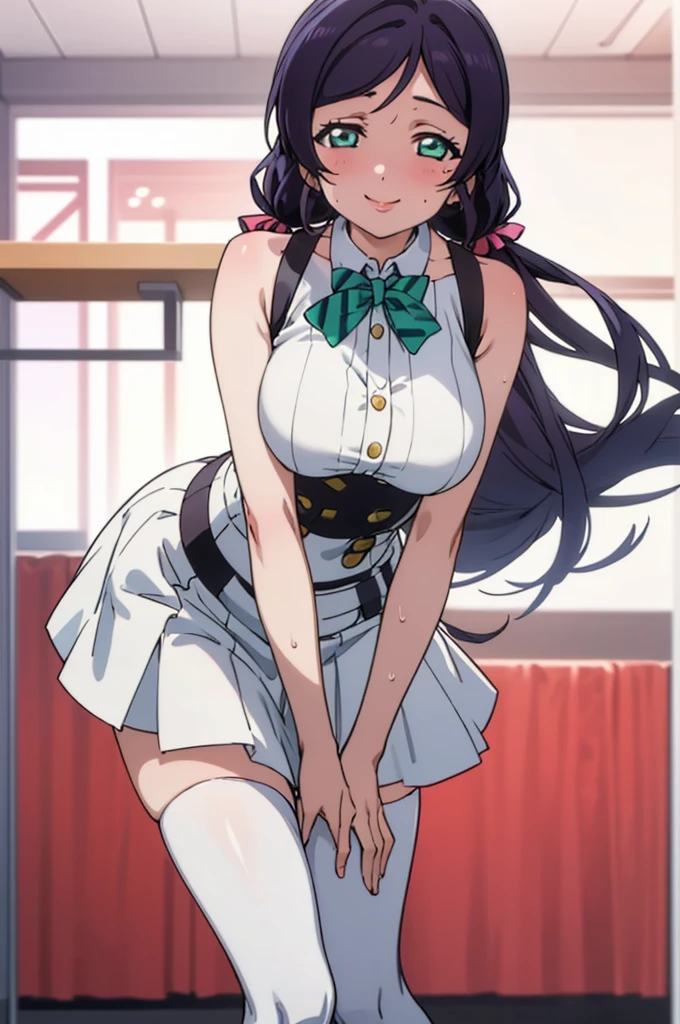 (masterpiece, best quality), 1girl, nozomi toujou,huge breasts,sexy ,,sweating,sleeveless,thighhighs,miniskirt,looking viewer,smile,1piece dress,lean forward,,white blouse