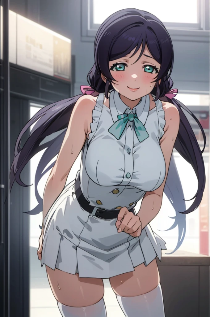 (masterpiece, best quality), 1girl,    nozomi toujou,huge breasts,sexy ,,sweating,sleeveless,thighhighs,miniskirt,looking viewer,smile,1piece dress,lean forward,,white blouse