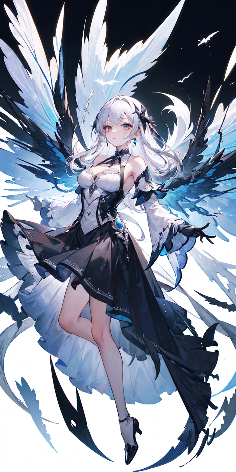 Big Perspective,Wide Angle,Impactful graphics,floating,sideways,Character Close-up,4K,masterpiece,best quality,ruins,(Transparent skirt,black background),Clear,master,Various actions,Full body portrait,portrait,1 female, (Mature),Long face,Pointed face,White long hair,Fairy,gemstone crow,Wings Dress, Mecha,Fairy air,ribbon, diamond, Bare shoulders, crow, Looking at the audience, in the sky, fLight, Vibrant colors, Light, masterpiece, best quality, flight,Mature,asymmetrical clothes,HighLights,Long skirt,Own,Personal Photography