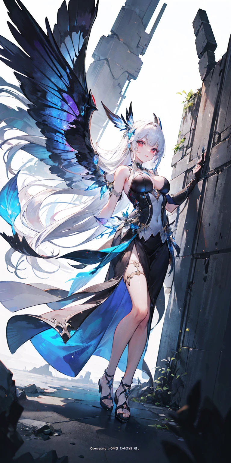 Big Perspective，Wide Angle，Impactful graphics，floating，sideways，Character Close-up，4K，masterpiece，best quality，ruins，(Transparent skirt，black background)，Clear，master，Various actions，Full body portrait,portrait,1 female, (Mature)，Long face，Pointed face，White long hair，Fairy，gemstone crow，Wings Dress,  Mecha,Fairy air，ribbon， diamond, Bare shoulders, crow, Looking at the audience, in the sky, fLight, Vibrant colors, Light, masterpiece, best quality, flight，Mature，asymmetrical clothes，HighLights，Long skirt，Own，Personal Photography
