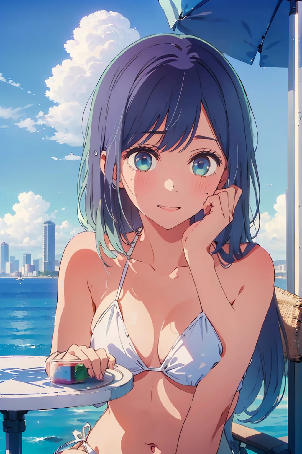 (Highest quality:1.4、8K:1.4、detailed)、F cup bust、Big Breasts、Slim body、Very white beautiful skin、((((1 person、Surprised expression、sit、Chair、In the background are the urban buildings of Tokyo、looking at the camera、Outdoor café terrace、coastal、Navy hair color、juice、White side string high leg bikini、Shooting up close、table、Very cute face))))、(Pose of putting hair behind ears with hands:1.4)、Taking off her swimsuit、Very blue sky、A completely cloudless sky