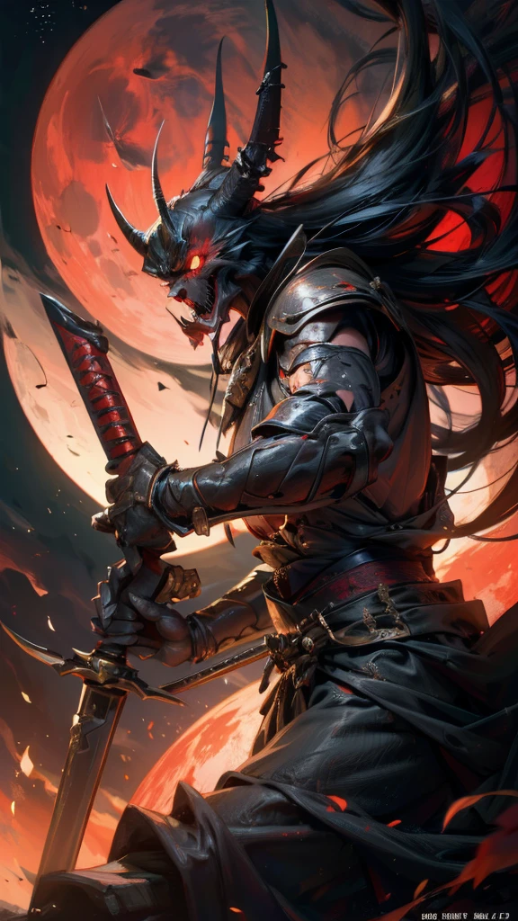 a samurai with long hair,demon slayer style, two katanas, red moon, tree, masterpiece, (best quality,4k,8k,highres,masterpiece:1.2),ultra-detailed,(realistic,photorealistic,photo-realistic:1.37),HDR,UHD,studio lighting,ultra-fine painting,sharp focus,physically-based rendering,extreme detail description,professional,vivid colors,bokeh