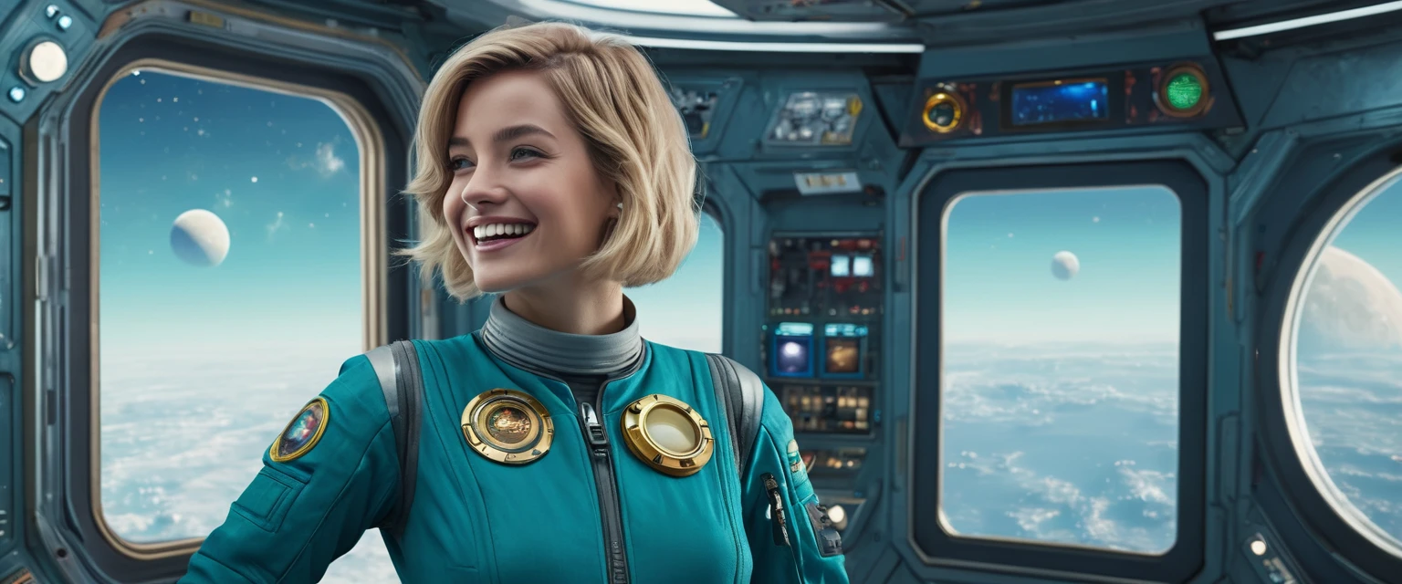 (masterpiece:1.4),(best quality,photorealistic), A beautiful Blonde woman with short Choppy Bob hair style, 28 years old, she is wearing a full length blue Teal space suit, she has perfect hands and face, ((she is standing in the crew recreational area of a giant space ship)), there is a bar and some gamming machines, and exclusive, Luxury, you can see a moon out of the window, space nebulas, planets, control panel, she wears a gold badge, she has a happy smile,